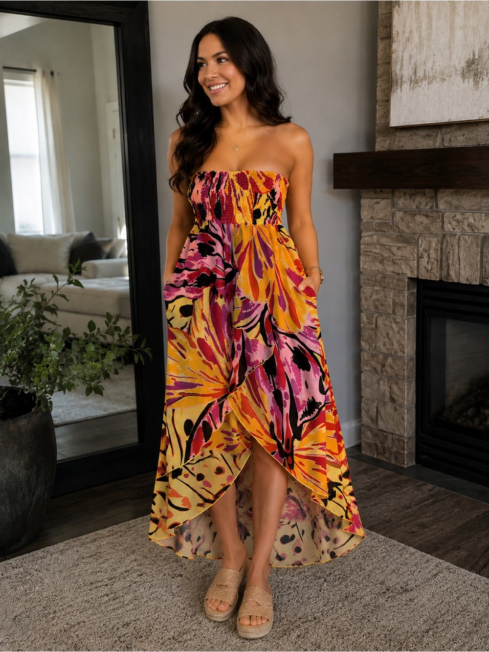 Vibrant Tropical Maxi Dress - Pink, Orange, Black